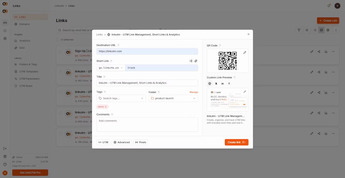linkutm dashboard: links list with branded short links, click counts, and the create-link form with UTM fields and QR code